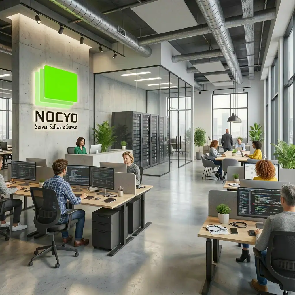 Modernes IT Büro mit nocyo Logo an der Wand, Mitarbeitenden an Computern und einem verglasten Serverraum im Hintergrund.