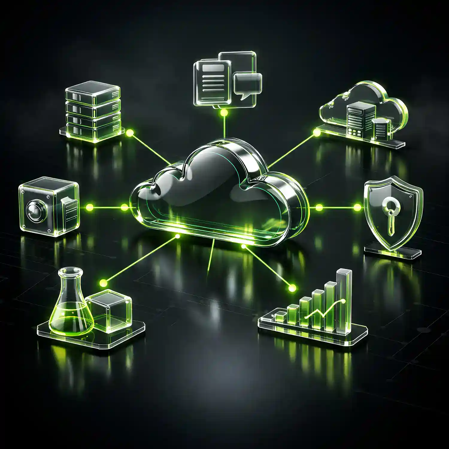 Zentrale Glas Cloud, verbunden mit Icons für Server, Backup, Sicherheit, Entwicklung, Collaboration und Analyse in grün leuchtendem Netzwerk.