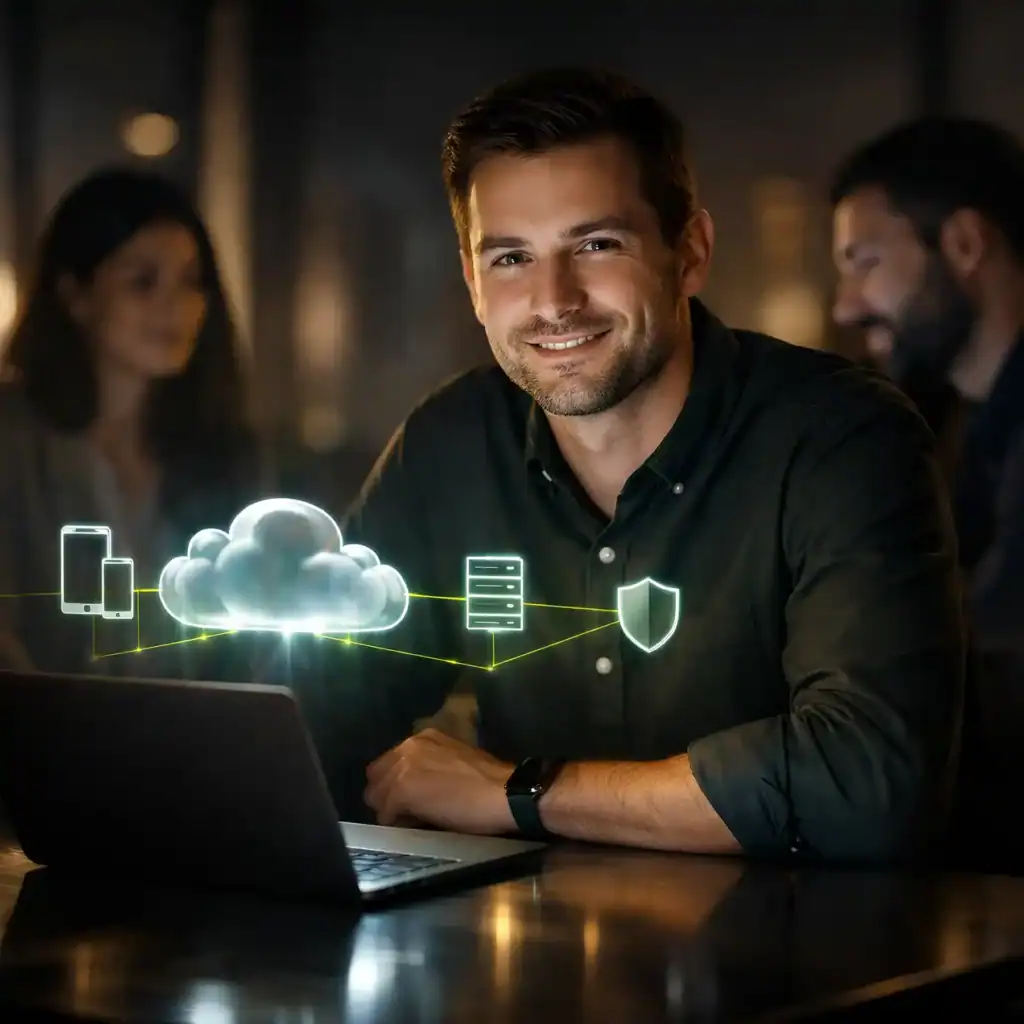 Mann am Laptop in dunkler Büro Umgebung, davor holografische Cloud Symbole mit grünen Verbindungen zu Geräten, Server und Sicherheit.