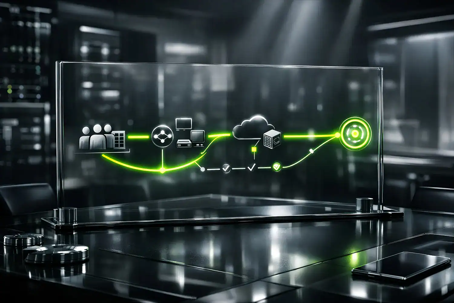 Glasdisplay zeigt eine grüne Roadmap von Anforderungen über Bestandsaufnahme und Betriebsmodell bis zum Zielpunkt, vor einem unscharfen Serverraum Hintergrund.