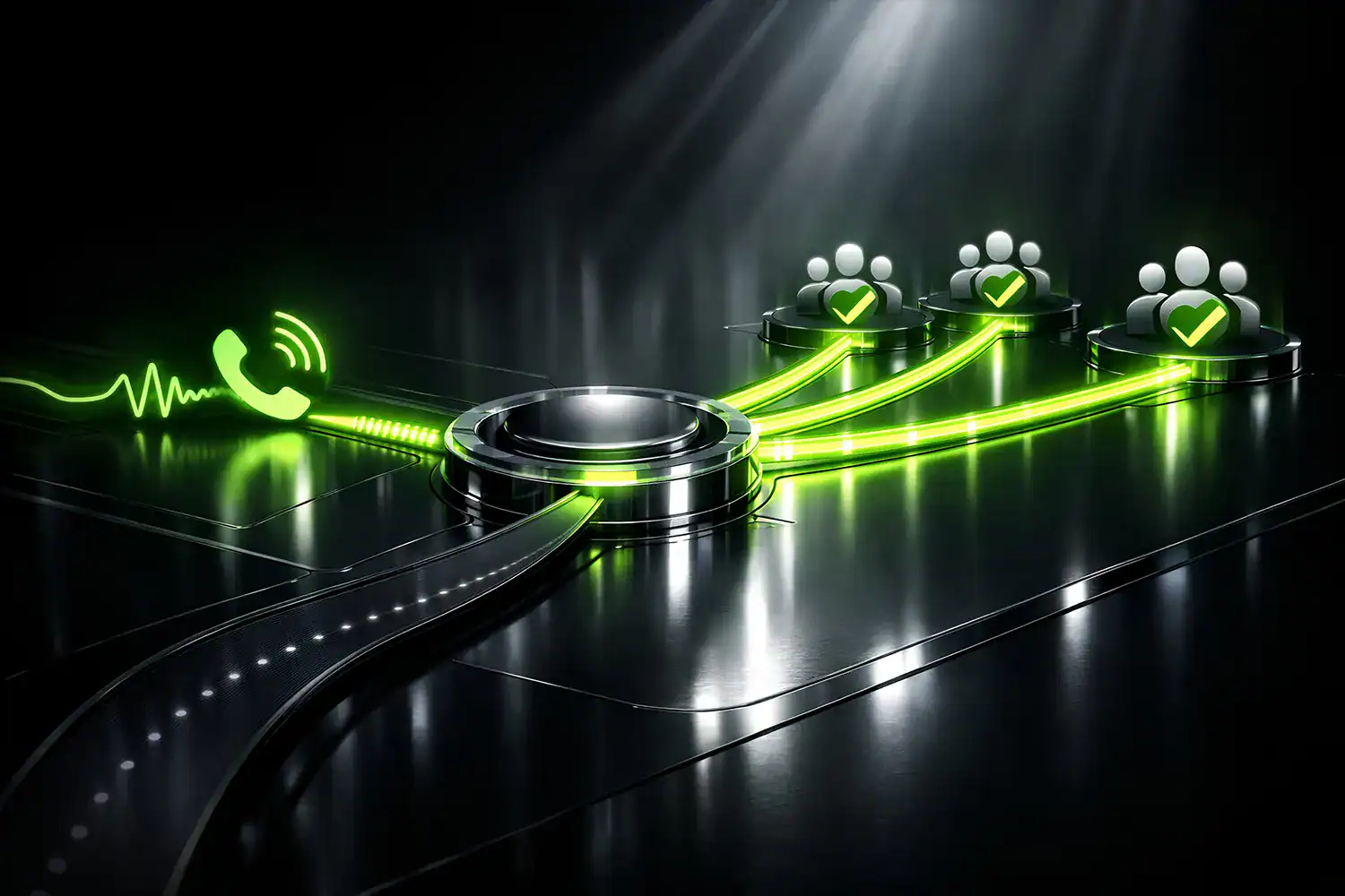 Leuchtendes Telefonsymbol wird über eine grüne Linie durch einen Verteiler zu zwei Nutzer Symbolen mit Häkchen geleitet und steht für klare Anrufweiterleitung.