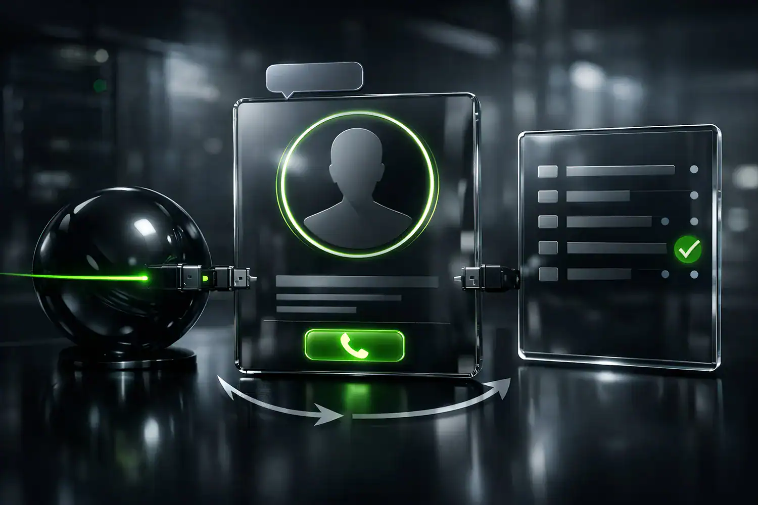 Glasige CRM Karte mit Anruferprofil und grünem Klickwahl Button, verbunden mit einer Protokoll Liste im Hintergrund.