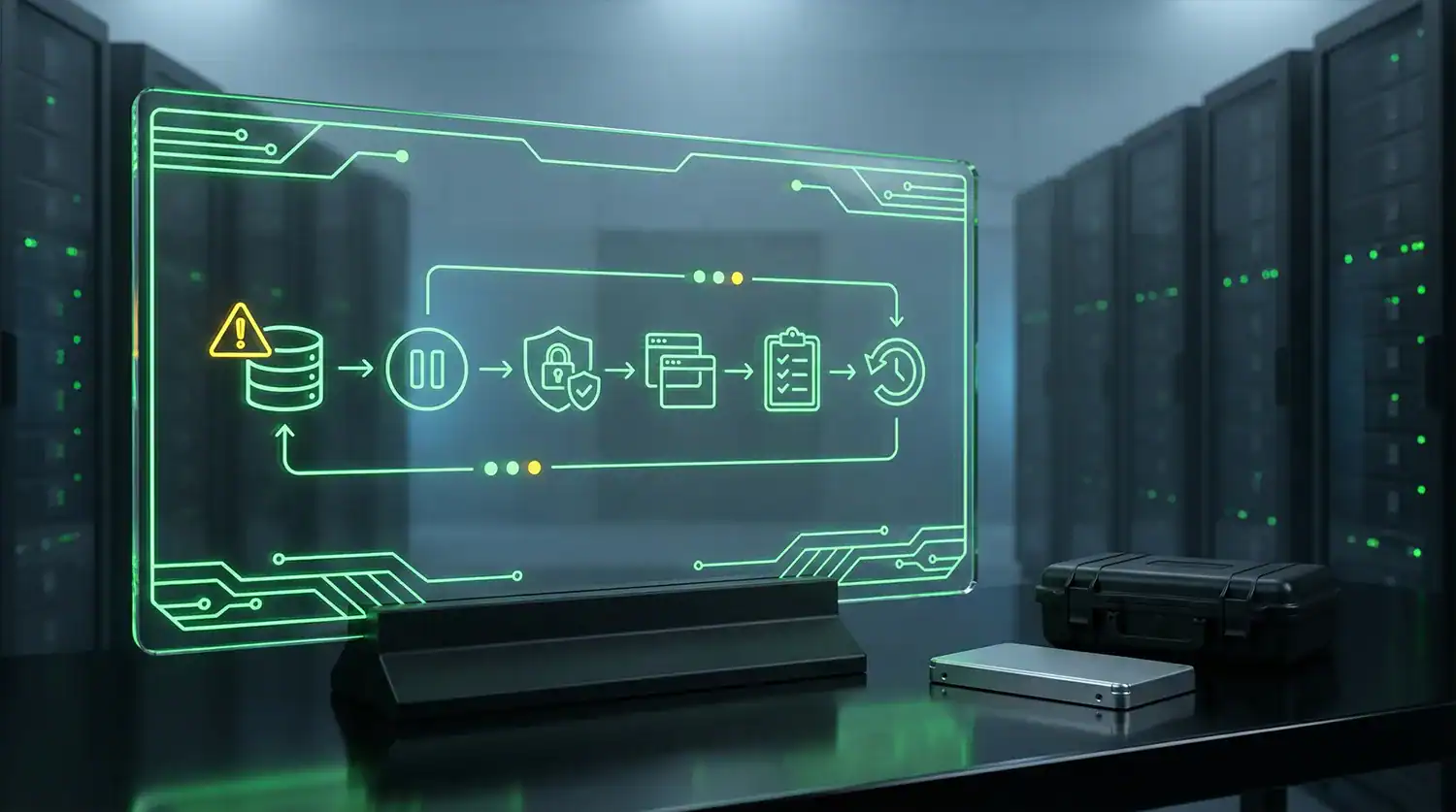 Leuchtendes Glas Interface im Serverraum zeigt einen Datenrettungs Ablauf von Warnung über Sicherung bis Wiederherstellung, daneben ein Schutzkoffer und ein externes Laufwerk.