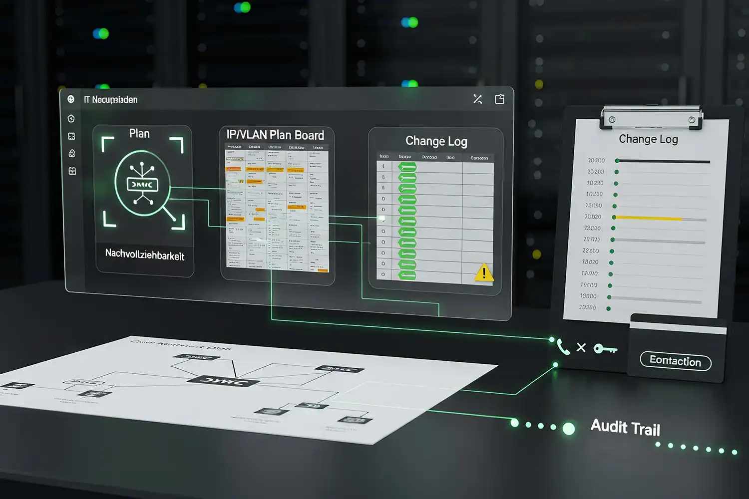Dashboard mit Netzwerkplan, IP/VLAN-Übersicht und Change-Log zur nachvollziehbaren IT-Dokumentation im Serverraum.