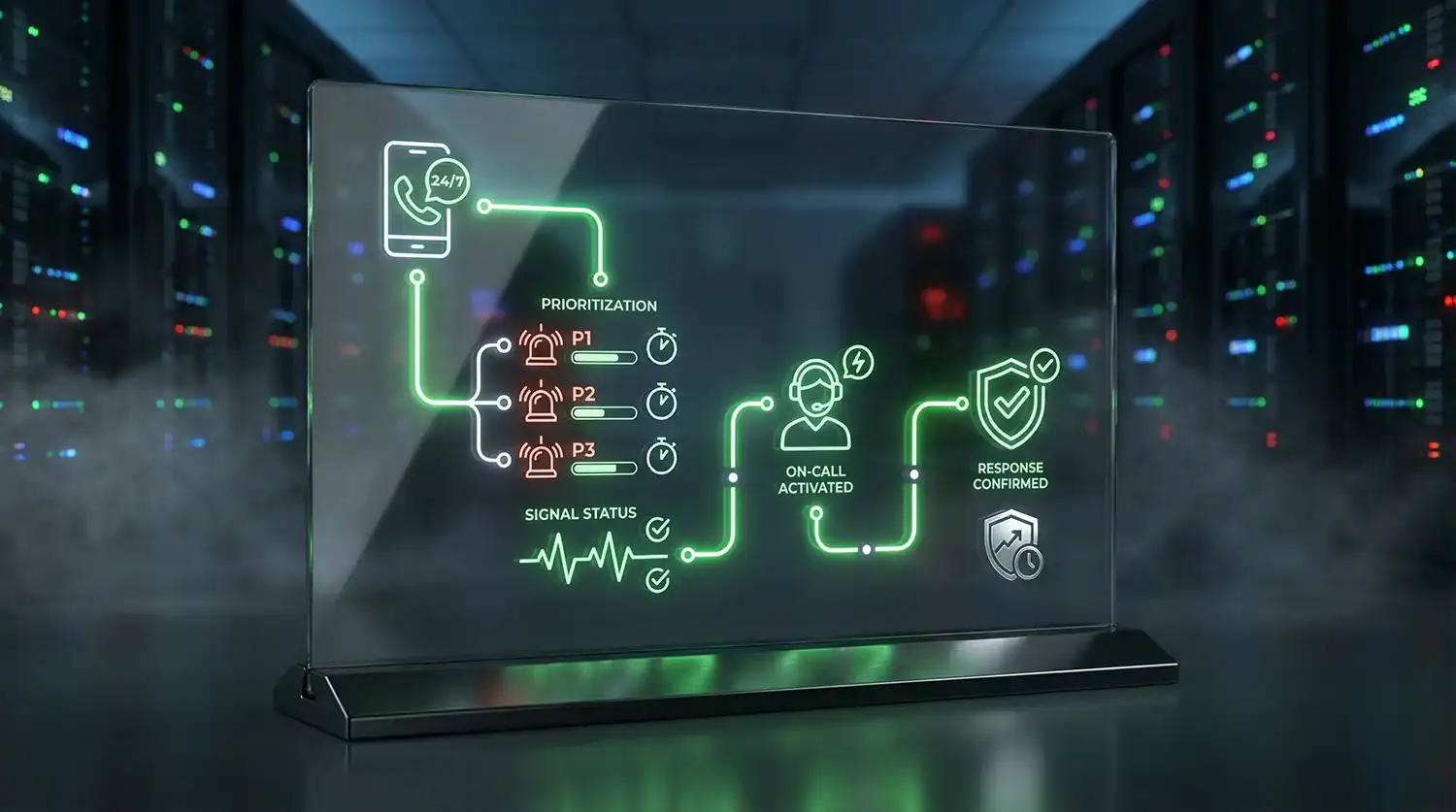 Glas-Display im Serverraum zeigt neon-grünen 24/7-Eskalationsflow mit Prioritäten (P1–P3), On-Call-Aktivierung und bestätigter Reaktion.