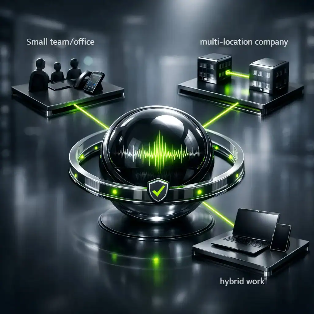 Starface Telefonanlage: Zentrale Telefonie Einheit verbindet kleines Büro, mehrere Standorte und Hybrid Work per grünen Linien und zeigt stabile, kontrollierte Business Telefonie.