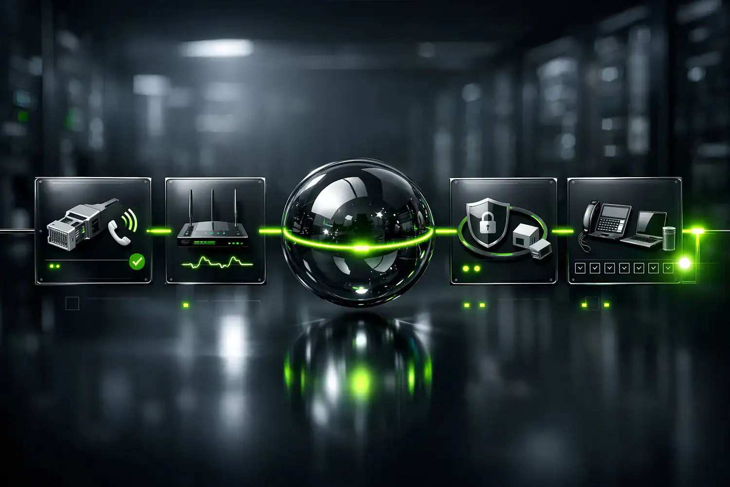 Symbolische Go Live Strecke mit vier Technik Kacheln: SIP Trunk, Netzwerk QoS, Security Standortanbindung und Endgeräte Setup, verbunden über eine grüne Linie vor Serverraum Hintergrund.