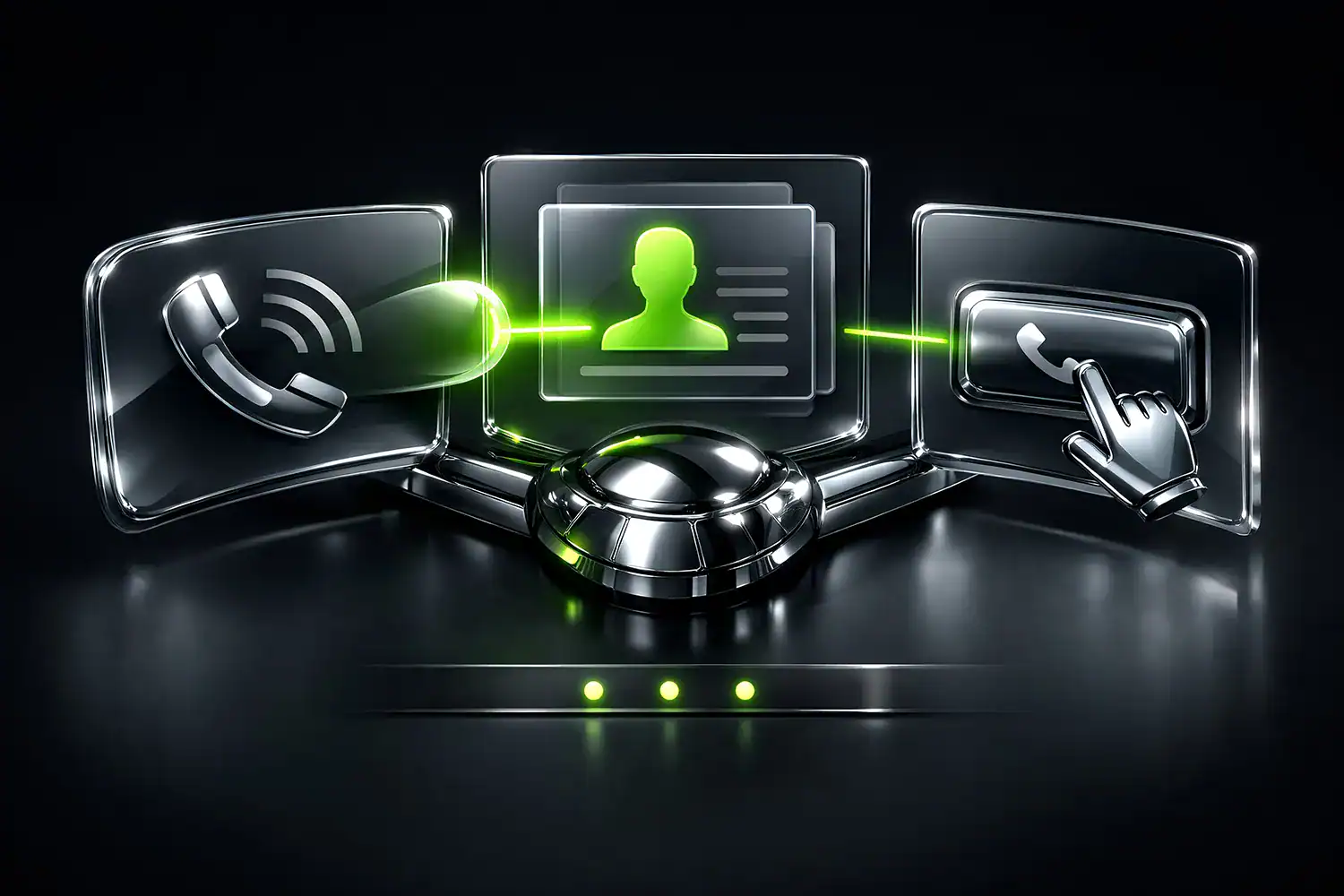 Starface Telefonie: Telefon Symbol, Kontaktkarte und Klickwahl Button sind über eine grüne Linie verbunden und stehen für CTI und CRM Integration ohne Medienbruch.