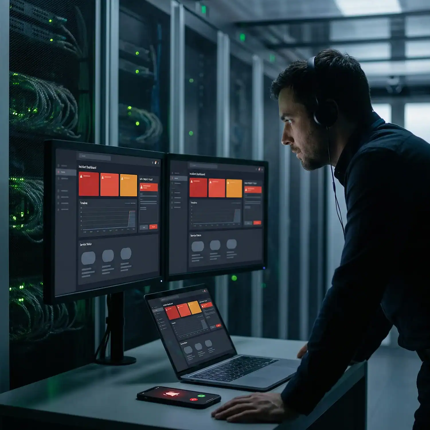 IT Techniker im Serverraum überwacht ein Incident Dashboard auf zwei Monitoren, während ein Alarm auf dem Smartphone eingeht.