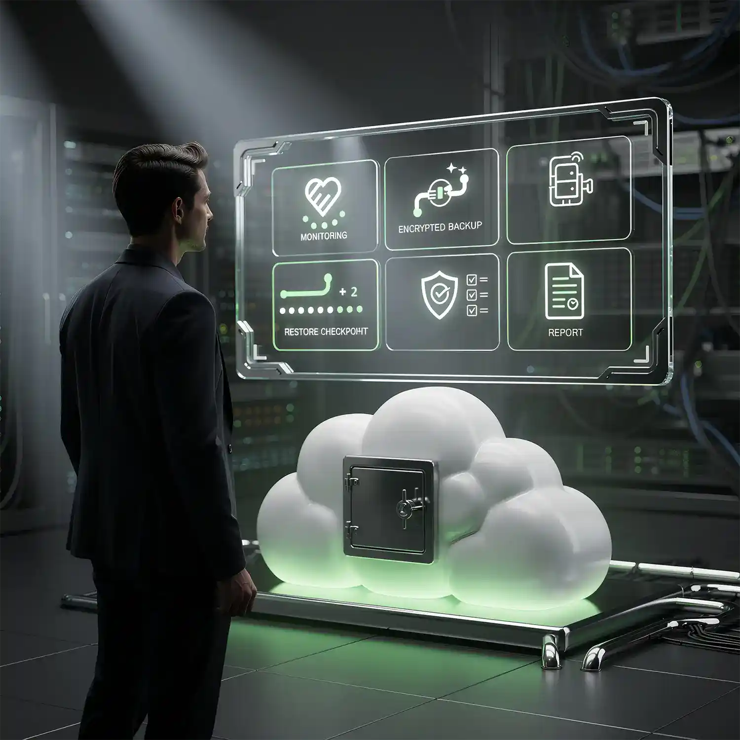 IT Mitarbeiter betrachtet ein transparentes Dashboard mit Monitoring, verschlüsseltem Backup, Restore Checkpoints, Security und Reporting über einer Cloud mit Tresor Symbol.
