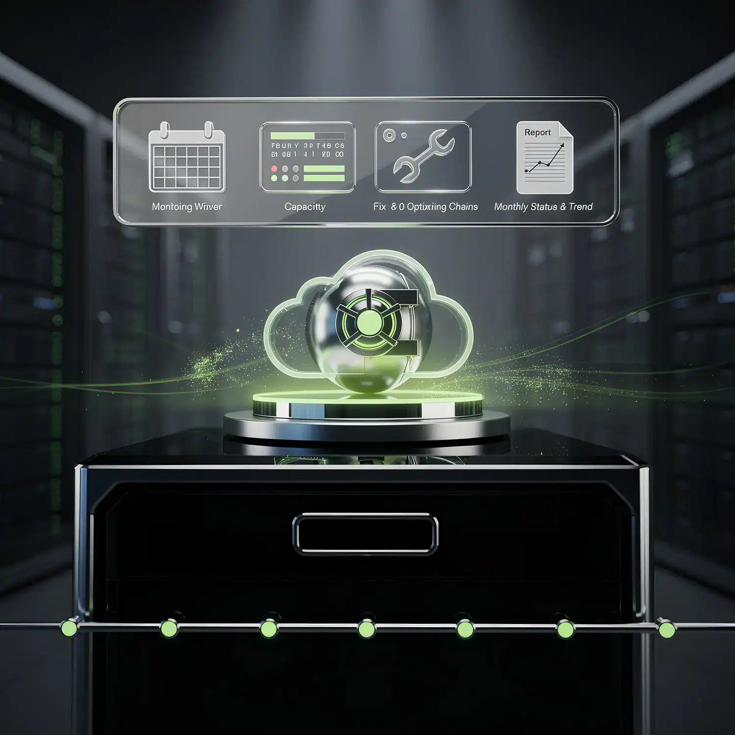 Dashboard mit Kalender, Kapazität, Wartung und Report Symbolen über einer Cloud mit Tresor im Rechenzentrum, darunter eine grüne Timeline mit Checkpoints.