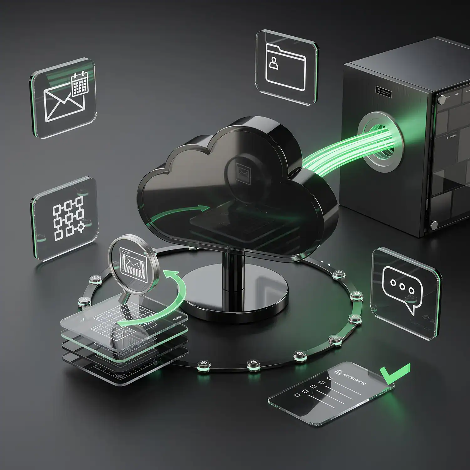 Cloud wird über grüne Datenströme in ein Backup Ziel gesichert, umgeben von Symbolen für Mail, Dateien, Sites und Chat sowie einem granularen Restore und erfolgreichem Prüf Häkchen.