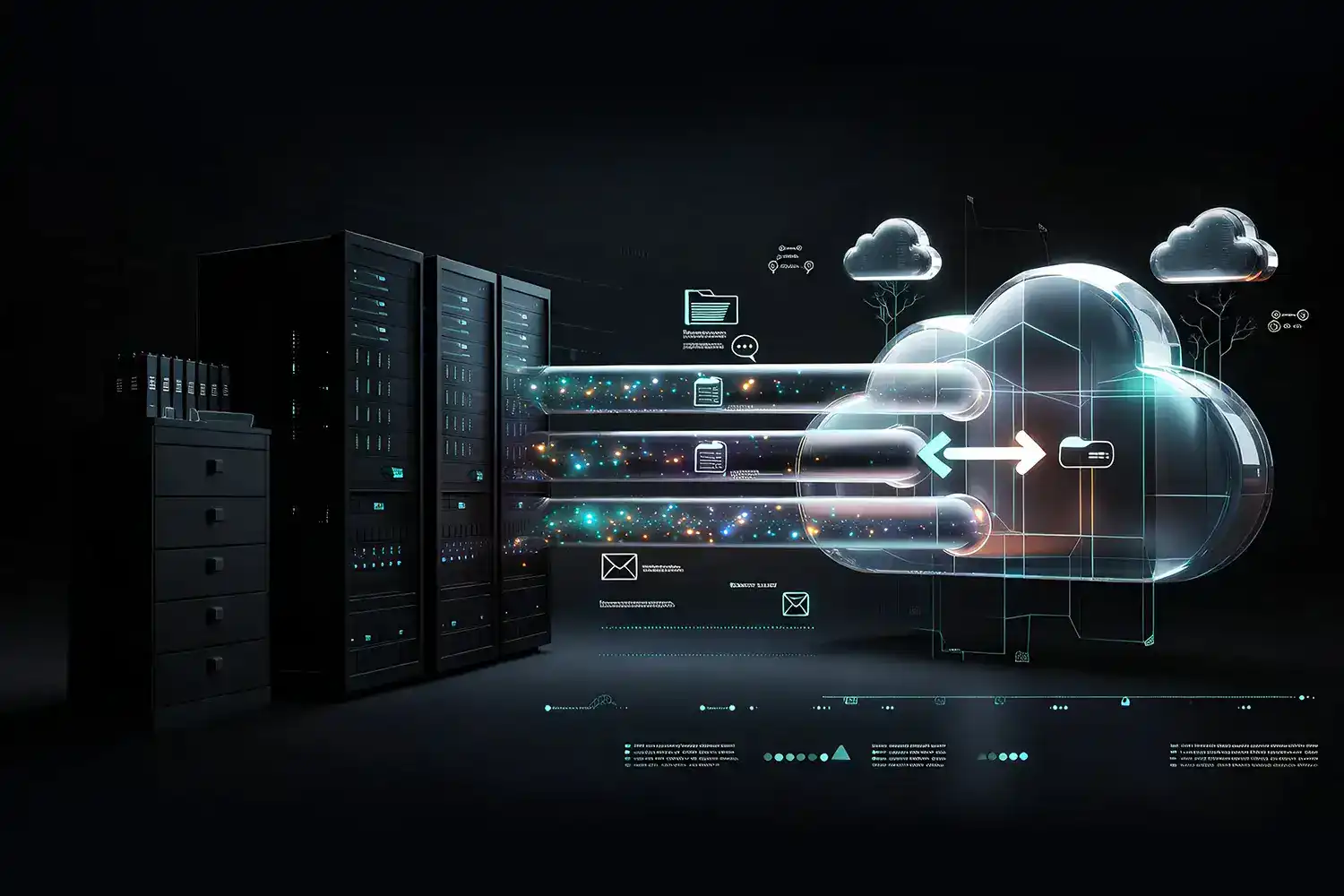 Datenströme wandern aus Servern und einem Aktenschrank in eine transparente Cloud und symbolisieren die Migration von E Mails, Dateien und Collaboration Inhalten zu Microsoft 365.