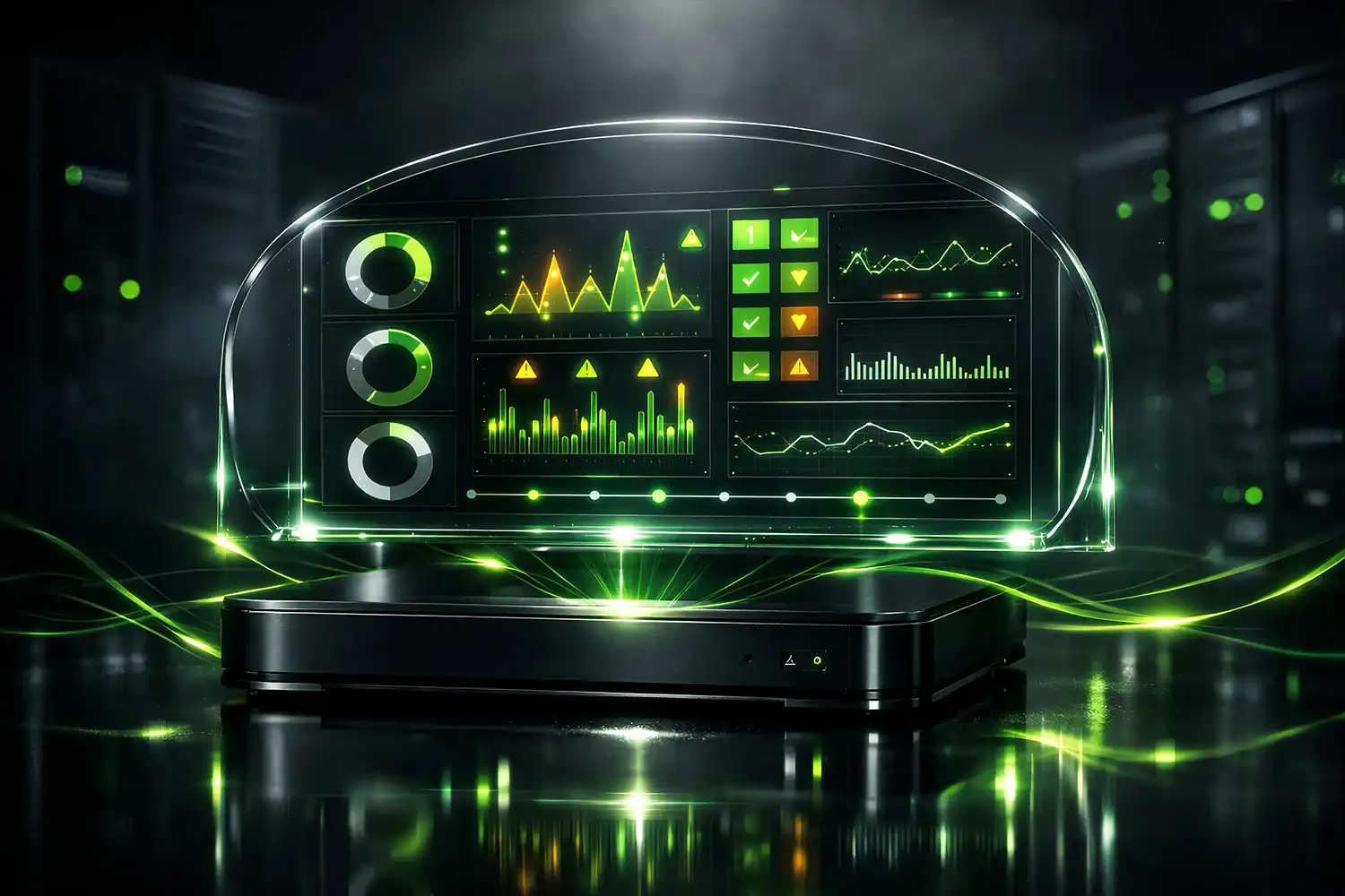 Monitoring Dashboard mit Live Grafiken und Alarmstatus vor Server Racks