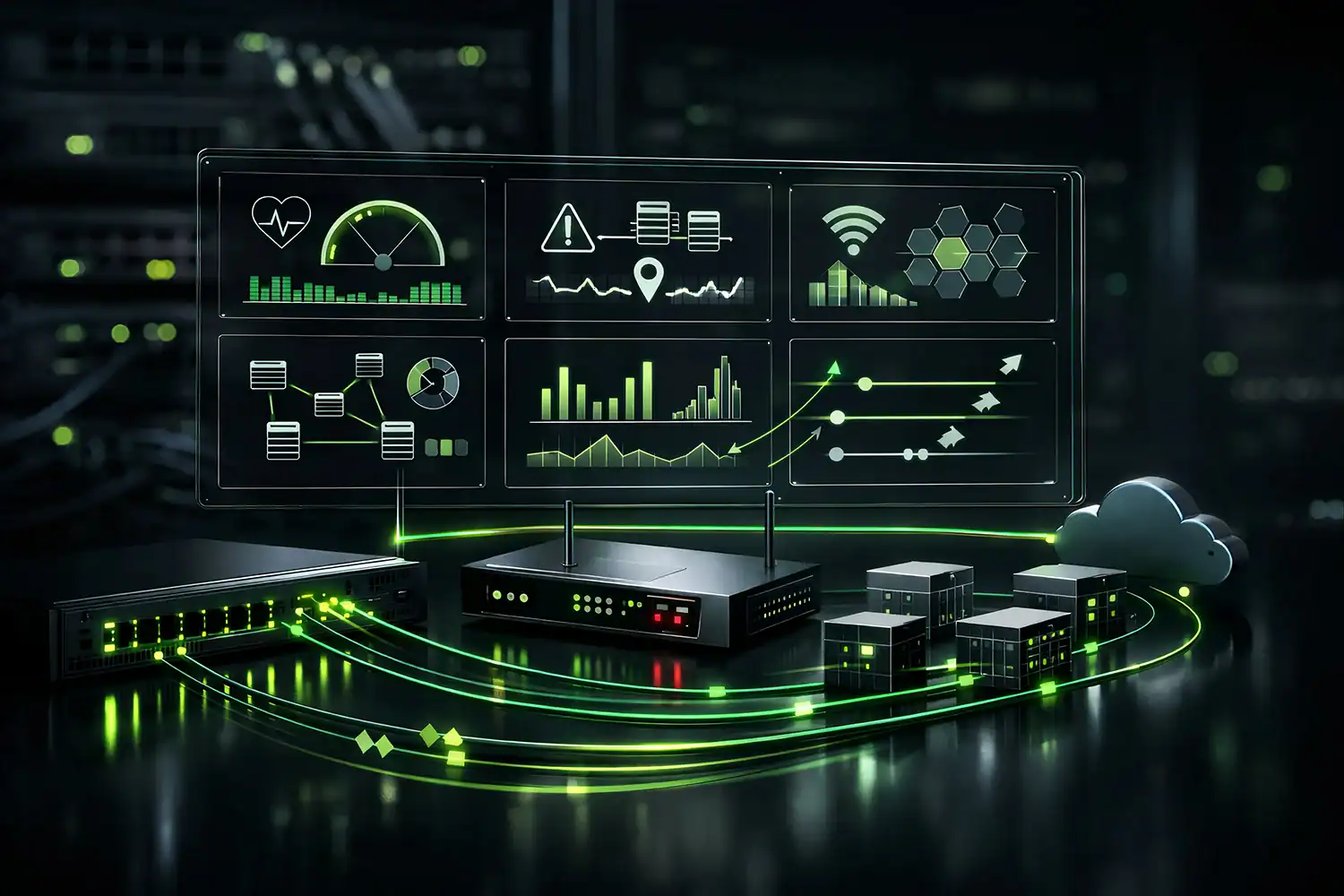 Netzwerkgeräte mit Dashboard: Switch, Router und Standortverbindungen mit grünen Performance Anzeigen