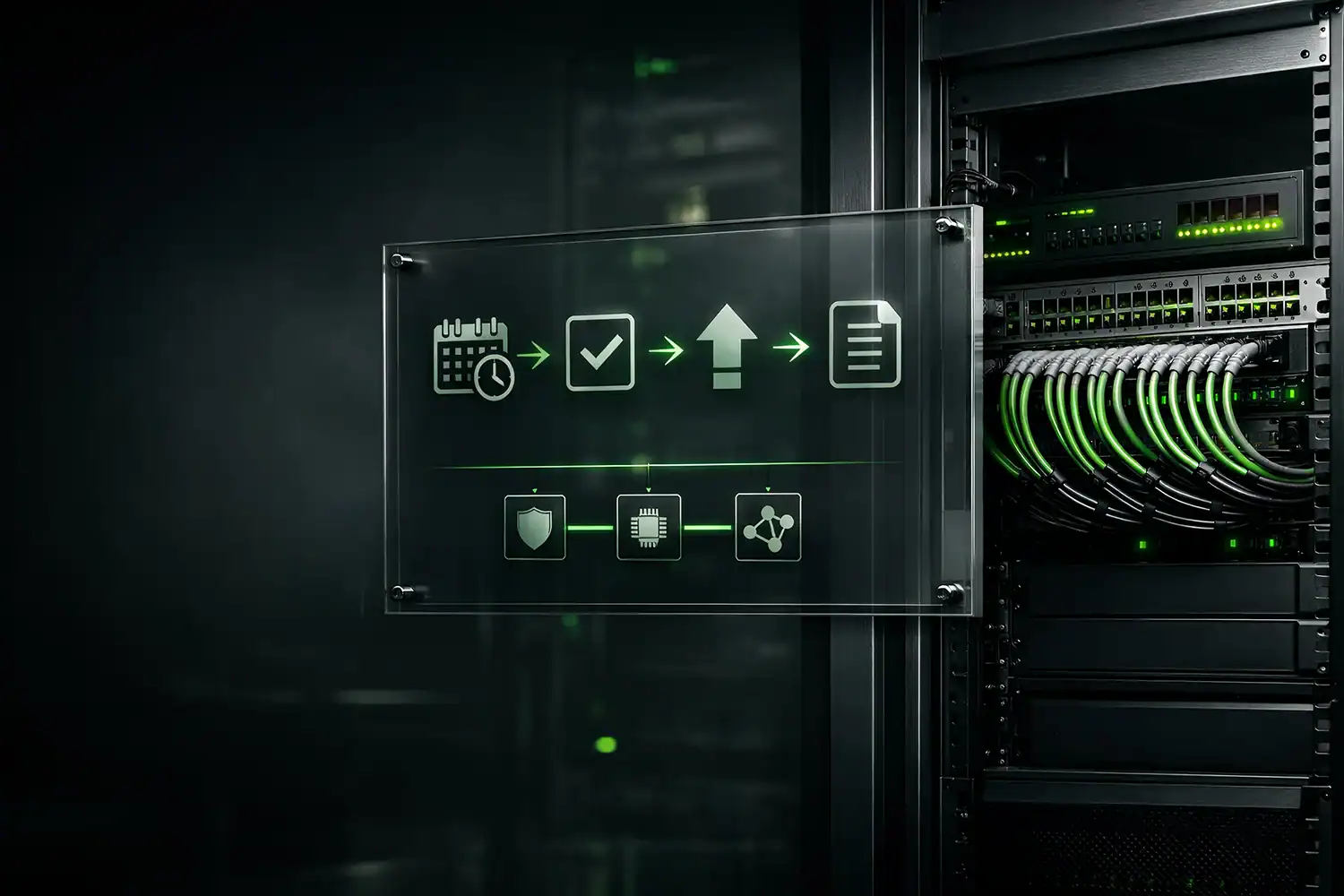 Patchmanagement im Serverraum: geplanter Update Ablauf mit Prüfung, Rollout und Protokollierung