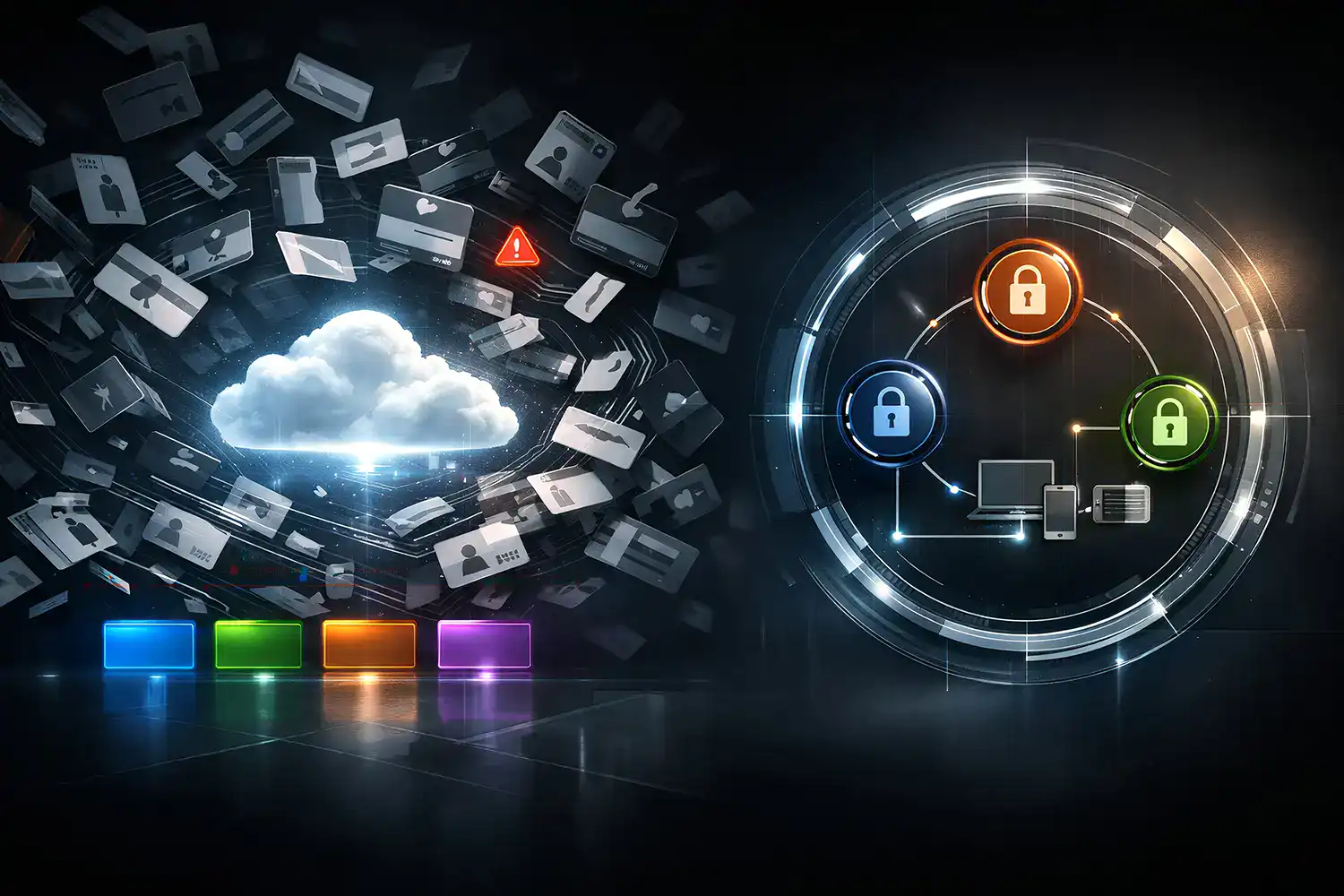 Zahlreiche Ausweis Karten kreisen chaotisch um eine Cloud mit Warnsymbol, daneben zeigt ein geordnetes Zugriffsmodell mit Schlössern und Geräten eine sichere Rollenverteilung.