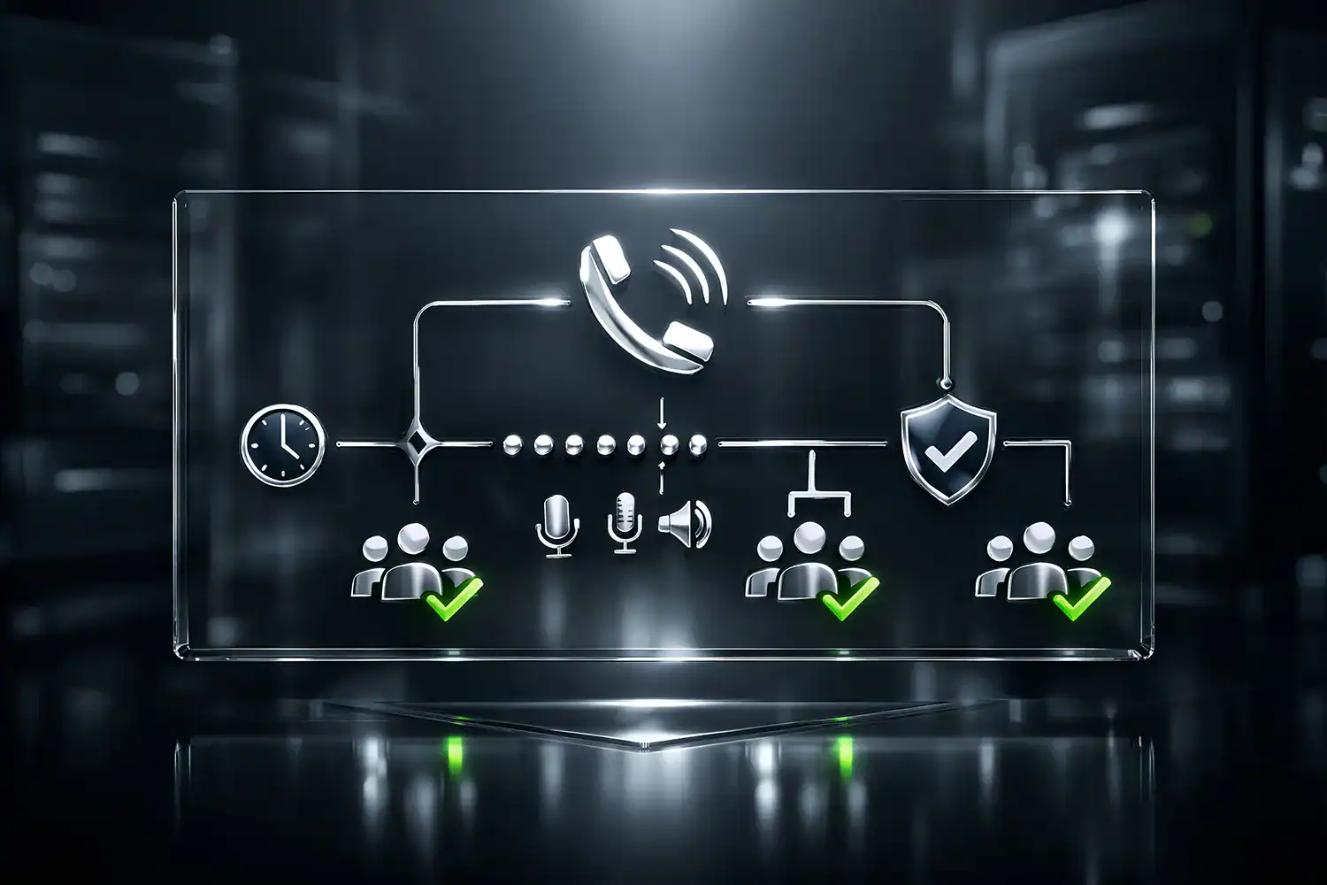 Glasdisplay mit Anruf Routing Diagramm: Uhr, Warteschlange, IVR Symbole und Team Gruppen mit grünen Häkchen sowie Schild Symbol für geregelte Administration.