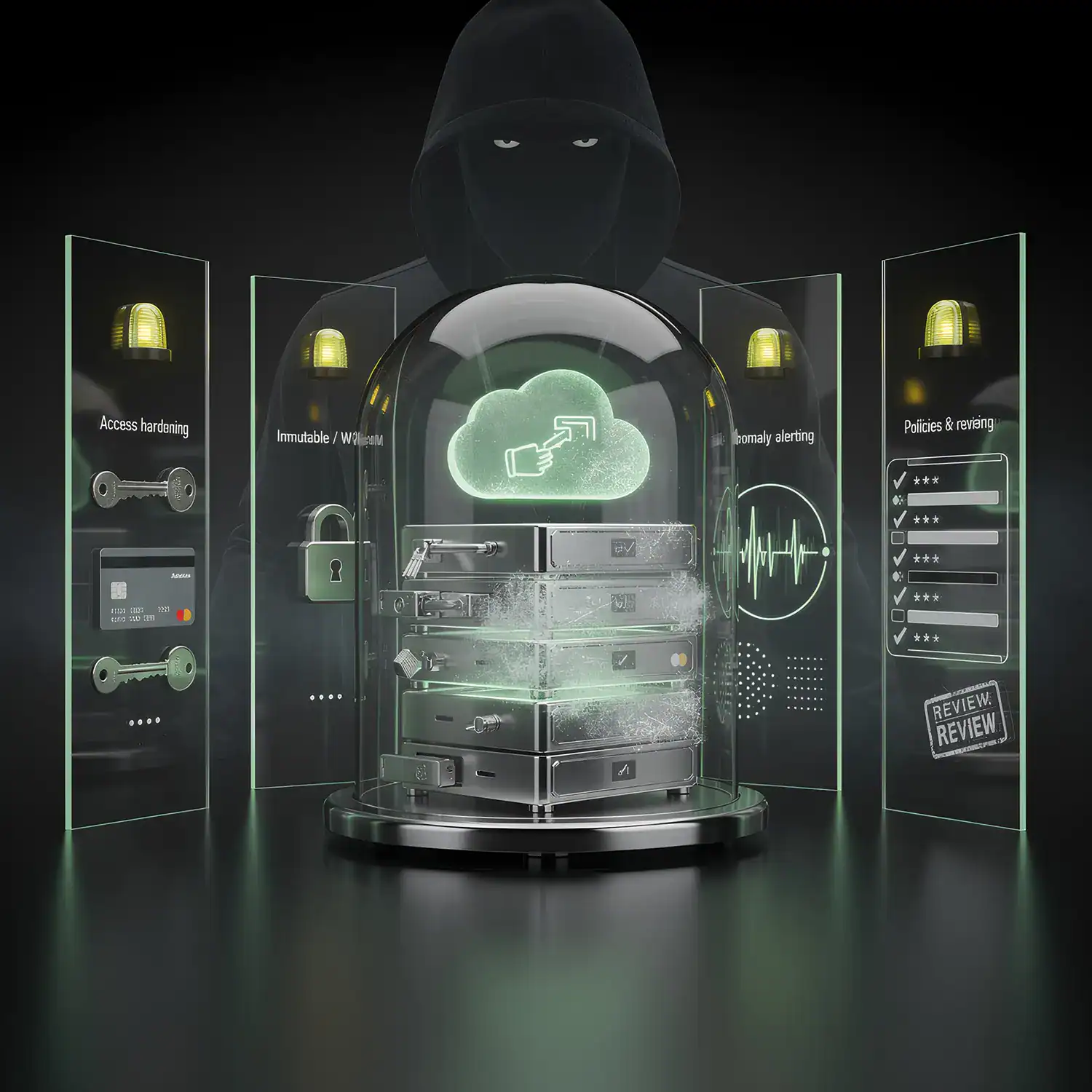Backup Tresor unter einer Schutzhaube mit Cloud Symbol, umgeben von Panels für Zugriffsrechte, immutable Schutz, Alarmierung und Richtlinien, während eine Angreifer Silhouette im Hintergrund bleibt.