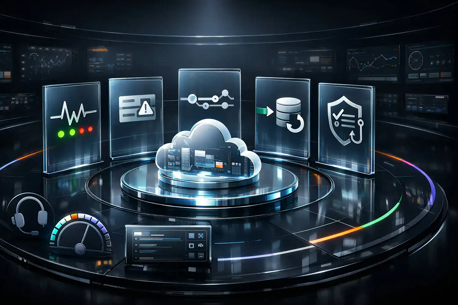 Zentrale Cloud auf einer Plattform, umgeben von Dashboard Karten für Monitoring, Incidents, Performance, Backup und Security sowie Service Desk Symbolen in einer Leitstelle.