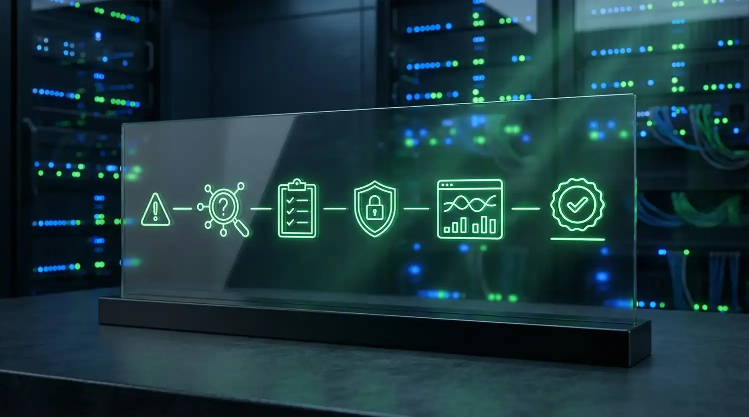 Glasdisplay mit neon-grünem Prozessablauf von Warnung über Analyse und Checkliste bis Monitoring und Stabilitäts-Siegel, vor Serverracks im Hintergrund.