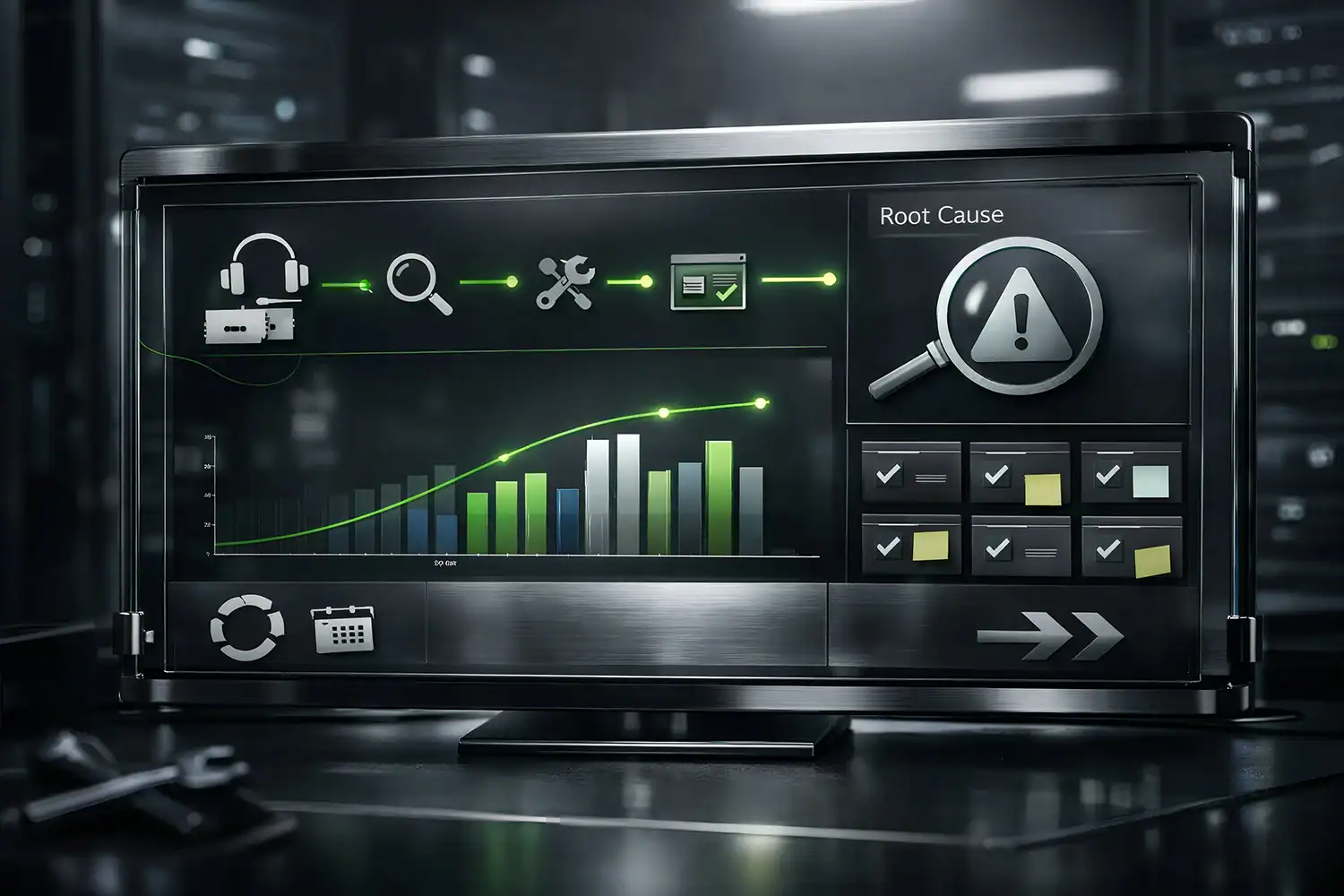 Dashboard im Serverraum mit Incident Workflow, Root Cause Analyse und Kapazitätsdiagramm in Grün.