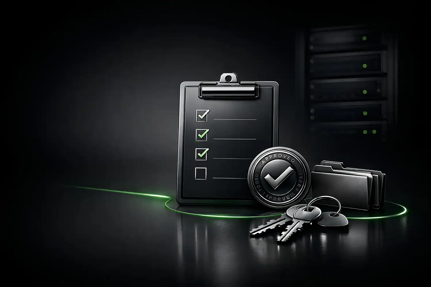 Checkliste mit Haken, „Approved“-Siegel und Schlüsseln vor Serverrack als Symbol für Wartungsstandards und klare Zugriffsrechte.
