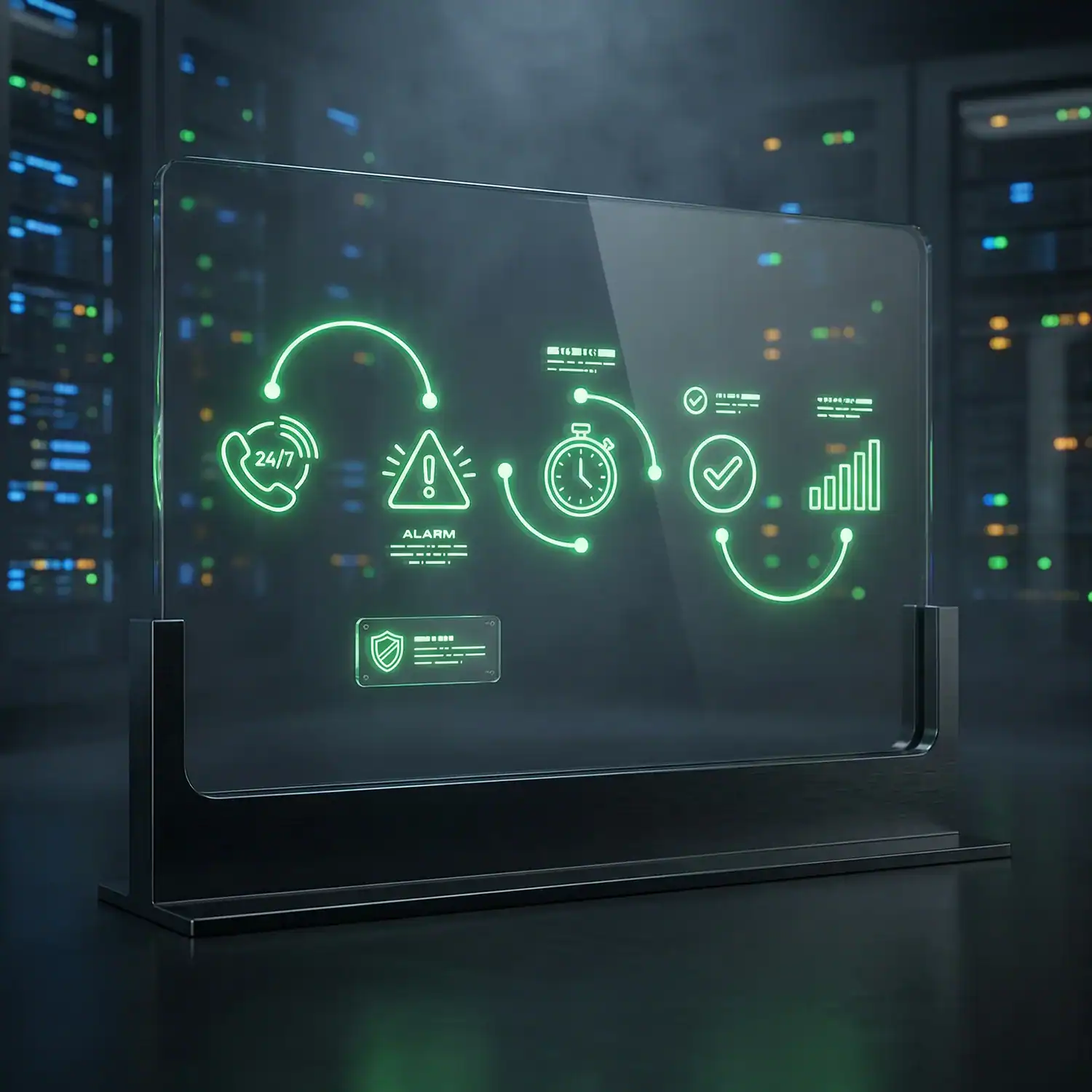 Transparentes Glasdisplay mit neon-grünem Ablauf: 24/7 Anruf, Alarm, Reaktionszeit (Stoppuhr), Status-Check und steigende Stabilitäts-Kurve, vor Serverracks im Hintergrund.