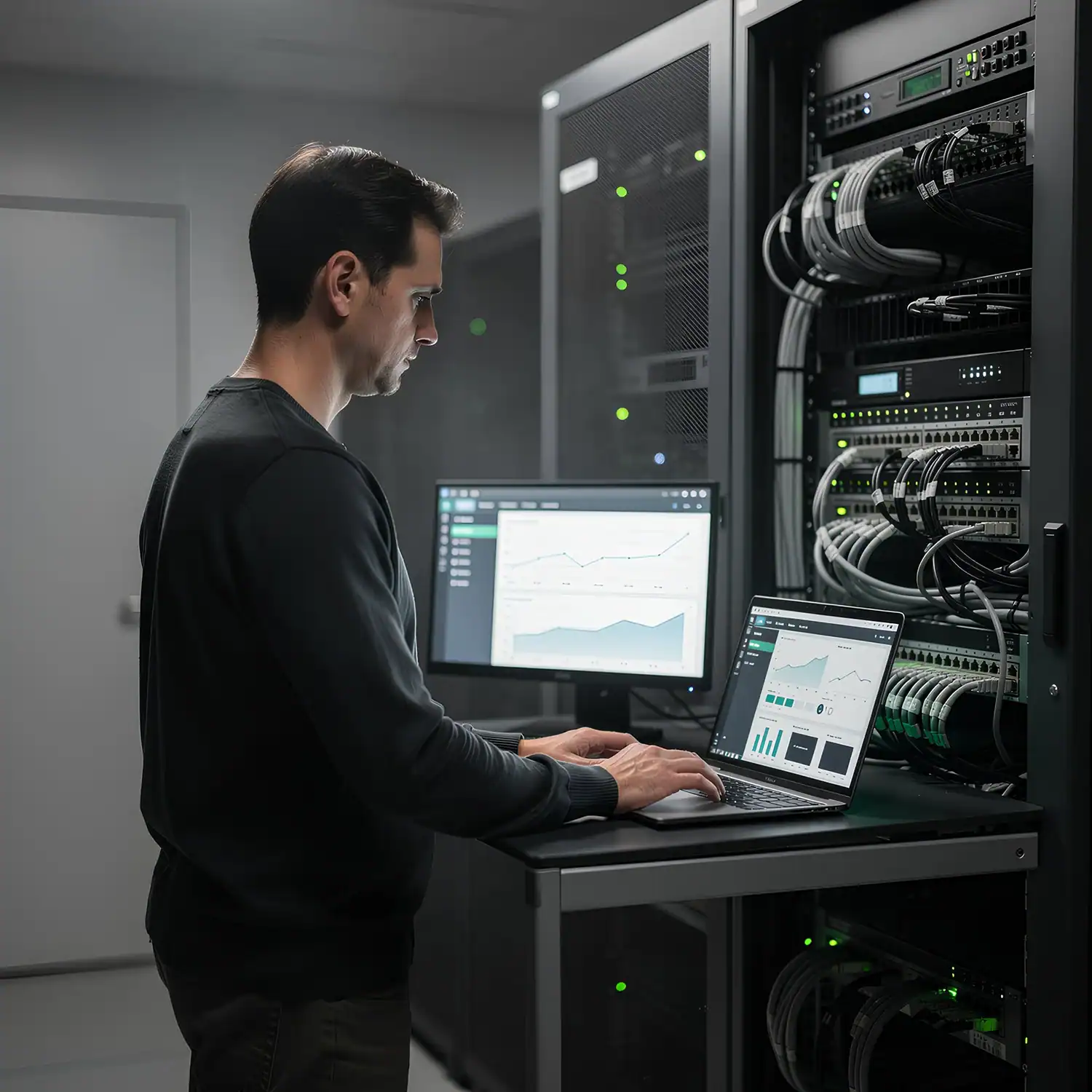 IT-Administrator arbeitet im Serverraum am Laptop, neben einem Serverrack mit Monitoring-Dashboards und grünen Status-LEDs.