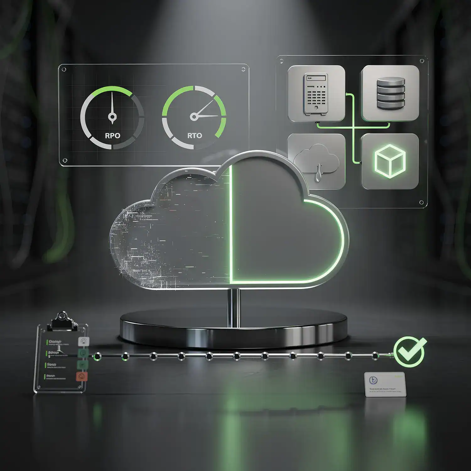 Geteilte Cloud zeigt Störung und Wiederherstellung, daneben RPO und RTO Anzeigen, Recovery Bausteine für Server, Daten, Cloud und Anwendungen sowie eine Test Timeline mit Häkchen.